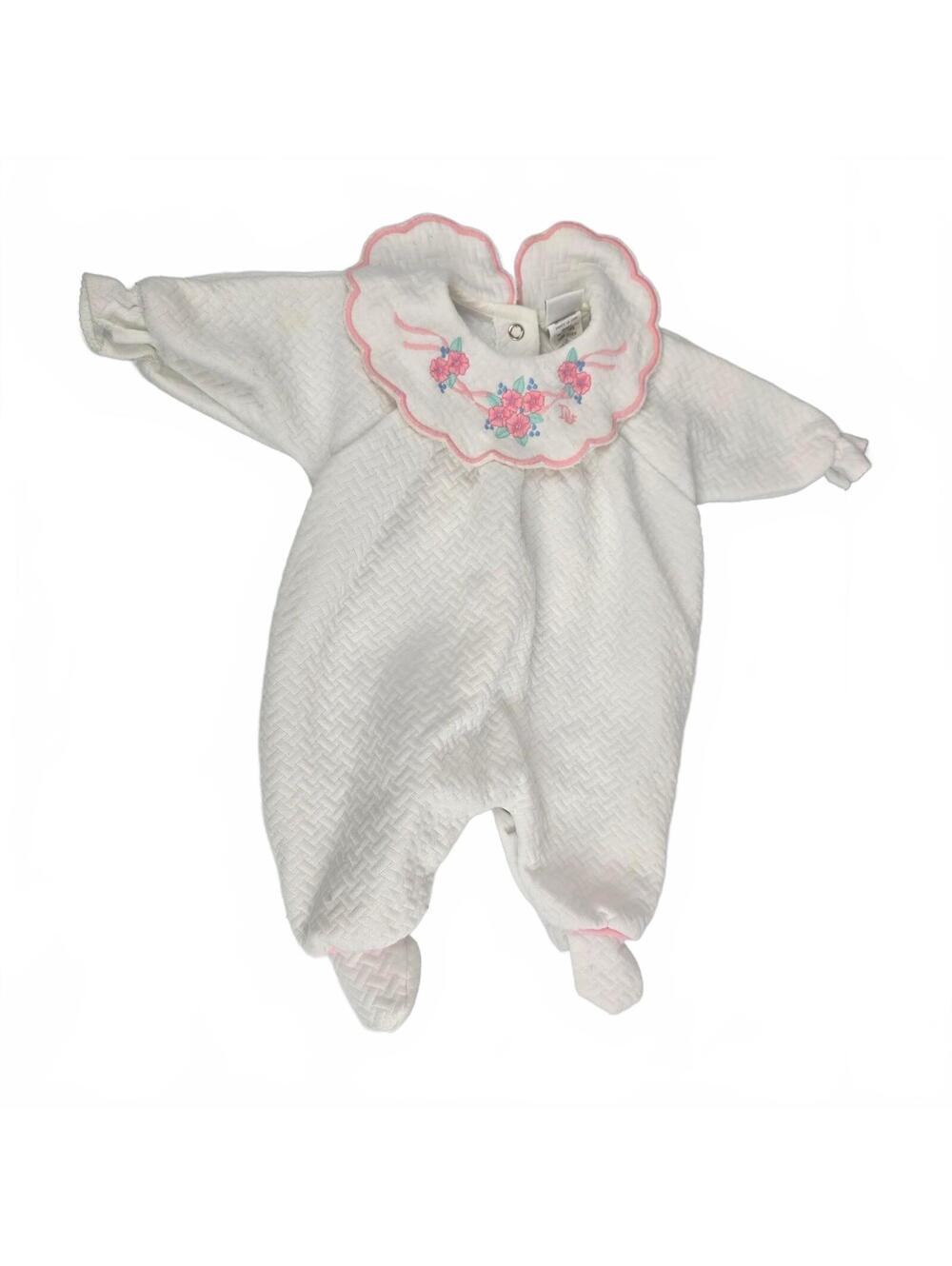 Vintage Baby Dior Girl Clothes White Footie Romper Pajamas Floral Embroidery 0-3